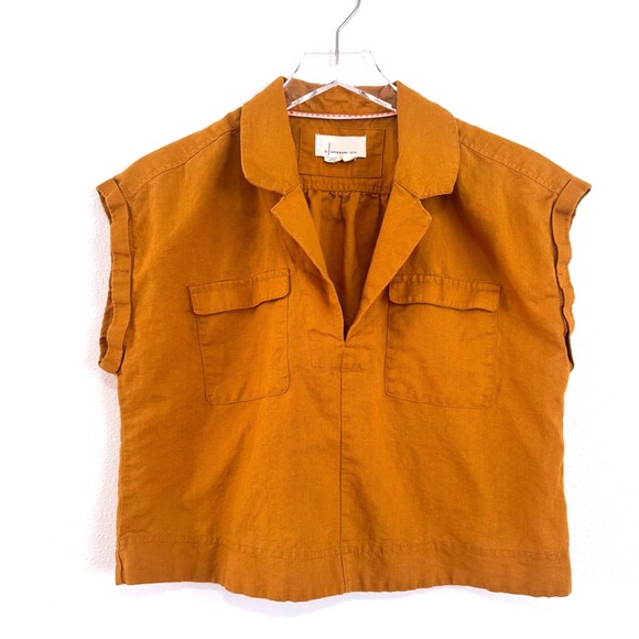 By Anthropologie Tops - By Anthropologie Cropped Utility Pullover - Ochre Mustard Yellow Linen Blend Top